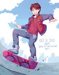  2015 artist_name back_to_the_future blue_eyes brown_hair building cloud dated day full_body hover_board jacket male_focus marty_mcfly open_mouth round_teeth shoes signature skyscraper smile sneakers solo suikka teeth 