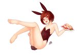  3gs :3 animal_ears bare_legs breasts brown_hair bunny_ears bunny_tail bunnysuit chara_(undertale) fang food highres open_mouth pasta red_eyes short_hair small_breasts solo spaghetti tail undertale 