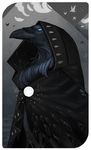  anthro avian beak bird blue_eyes cloak clothing corvid feathers flying looking_at_viewer madness_demon raven simple_background solo text wings 