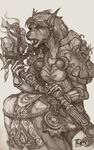  anthro breasts canine claws cleavage clothed clothing female fur hair holding_(disambiguation) holding_object holding_weapon looking_at_viewer lurelin mammal melee_weapon monochrome open_mouth robe simple_background sitting solo staff teeth traditional_media_(artwork) video_games warcraft weapon were werewolf wolf worgen 