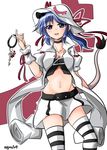  :3 :d alternate_costume animal_ears blue_eyes blue_hair cosplay cowboy_shot doremy_sweet hat hat_ribbon highres key keyring merry_nightmare merry_nightmare_(cosplay) midriff navel open_mouth oshiaki ribbon short_hair skirt smile solo striped striped_legwear tail tapir_ears tapir_tail thighhighs touhou trait_connection yumekui_merry 