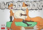  anthro bed belly big_belly burping canine duo english_text fox fur male male/male mammal nude on_bed open_mouth overweight simple_background smile text tiedernas tongue 