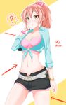  1girl ? absurdres artist_name belt bike_shorts blush bow bracelet breasts brown_eyes chestnut_mouth cleavage collarbone commentary_request dated eyebrows front-tie_top hair_bow highres idolmaster idolmaster_cinderella_girls jewelry jougasaki_mika lindt_(apnk) medium_breasts midriff navel pink_hair ponytail sleeves_rolled_up solo spoken_question_mark stomach striped striped_bow twitter_username wrist_cuffs 