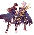  1girl armor barefoot battle black_gloves bow brown_eyes brown_hair cape clash dual_persona duel female_my_unit_(fire_emblem_if) fire_emblem fire_emblem_if gloves hairband long_hair male_my_unit_(fire_emblem_if) my_unit_(fire_emblem_if) open_mouth red_eyes smile suikka sword torn_cape weapon white_hair 