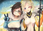  absurdres black_hair blonde_hair blue_gloves blush breasts brown_eyes chibi commentary_request fur_trim glasses gloves hair_bun hair_ornament hair_stick halo head_tilt highres mechanical_wings medium_breasts mei_(overwatch) mercy_(overwatch) multiple_girls one_eye_closed overwatch roza4957 short_hair upper_body v white_wings wings 