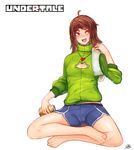  3gs absurdres ahoge amulet blush breasts can chara_(undertale) cleavage cleavage_cutout fang feet heart highres long_hair medium_breasts open_mouth red_eyes shorts solo sweater undertale 