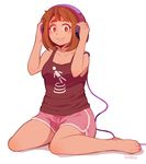  artist_name barefoot boku_no_hero_academia breasts brown_eyes brown_hair cleavage collarbone eyebrows full_body gym_shorts headphones medium_breasts nail_polish pink_nails shorts signature sitting smile solo suikka tank_top thick_eyebrows toenail_polish uraraka_ochako wariza 