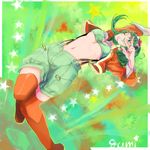  ;) breasts character_name closed_mouth creamyya goggles goggles_on_head green_eyes green_hair green_nails gumi jacket medium_breasts megpoid_(vocaloid3) midriff nail_polish navel one_eye_closed open_clothes open_jacket orange_legwear orange_nails smile solo star suspenders thighhighs underboob v vocaloid 
