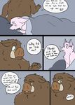  ! anthro bed bed_sheet bedding boar brown_fur canine comic dialogue duo english_text fox fur green_eyes half-closed_eyes looking_away male mammal nude okadu on_bed pillow pink_fur porcine rear_view speech_bubble text tusks 