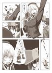  accident atago_(kantai_collection) breast_slap breasts comic greyscale highres kantai_collection large_breasts military military_uniform monochrome multiple_girls pan-pa-ka-paaan! pantyhose ryuujou_(kantai_collection) satsumaimo_pai shaded_face smile spotlight translated uniform wavy_mouth 