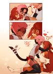  &lt;3 anthro blush clothed clothing comic dirty_talk duo english_text feline female female/female foreplay french_kissing geekidog kissing mammal monkey primate saliva saliva_string smile text 
