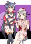  2girls bandage bangs bat_wings black_legwear blood blue_hair blush breasts cape choker closed_mouth commentary_request covering embarrassed eyebrows_visible_through_hair fur_trim gloves grey_hair hair_between_eyes halloween hat long_hair looking_at_viewer love_live! love_live!_school_idol_project minami_kotori mini_hat multiple_girls navel nurse nurse_cap one_side_up open_mouth sitting skull smile sonoda_umi standing star stethoscope tetopetesone thighhighs torn_clothes torn_gloves torn_legwear wings yellow_eyes 