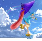  :p blue_eyes blue_hair blue_skirt blue_vest cloud cloudy_sky day from_side full_body geta heterochromia highres juliet_sleeves karakasa_obake long_sleeves looking_at_viewer looking_to_the_side outdoors puffy_sleeves ragi_(schrdngr) rainbow red_eyes short_hair skirt skirt_set sky solo sunlight tatara_kogasa tongue tongue_out touhou umbrella v-shaped_eyebrows vest water water_drop 