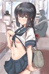  areola_slip areolae bag black_hair blush braid breasts bus bus_interior commentary eyebrows eyebrows_visible_through_hair groin ground_vehicle hair_between_eyes highres ichikawa_feesu isonami_(kantai_collection) kantai_collection looking_at_viewer motor_vehicle navel no_bra panties panty_pull pleated_skirt school_uniform serafuku shirt_lift skirt small_breasts solo_focus twin_braids underboob underwear 