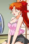  blush breasts cleavage closed_eyes covered_nipples electric_fan fan fan_speaking hair_ribbon high_ponytail indoors long_hair mana_(super_real_mahjong) medium_breasts official_art open_mouth orange_hair ribbon skirt solo super_real_mahjong sweat tanaka_ryou v_arms 