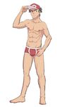  1boy bulge crotch full_body hat male_focus muscle pokemon pokemon_(game) pokemon_sm red_(pokemon) red_(pokemon)_(sm) solo topless underwear 