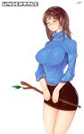  3gs breasts brown_hair closed_eyes frisk_(undertale) highres large_breasts long_hair older pencil_skirt skirt solo stick sweater undertale 