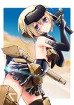  absurdres armor black_gloves blonde_hair blue_eyes blue_sky blurry breastplate cannon cowboy_shot depth_of_field desert elbow_gloves frame_arms_girl from_side glock gloves gourai gun hair_between_eyes hand_on_own_shoulder handgun head_tilt headgear highres holding holding_gun holding_weapon kuromaru9 lens_flare light_rays looking_at_viewer microskirt outdoors outside_border panties pantyshot pantyshot_(standing) pleated_skirt short_hair skirt sky solo standing striped striped_panties thighhighs trigger_discipline underwear weapon 