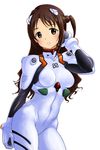  adjusting_hair ayanami_rei ayanami_rei_(cosplay) bodysuit brown_eyes brown_hair cosplay cowboy_shot finalcake half_updo highres idolmaster idolmaster_cinderella_girls long_hair looking_at_viewer neon_genesis_evangelion one_side_up parted_lips plugsuit shimamura_uzuki skin_tight solo standing white_bodysuit 