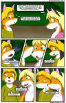  anthro blonde_hair brother canine clothing comic embarrassed female fox grass hair kitsune_youkai male mammal nose_kiss sibling sister text 