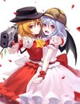  aiming_at_viewer alternate_headwear arm_around_shoulder arm_at_side bangs bat_wings black_hat black_wings blonde_hair blurry blush breast_press clenched_hand closed_mouth cravat crystal deerstalker depth_of_field fangs finger_on_trigger fkey flandre_scarlet flat_chest frown gun hair_between_eyes handgun hat highres holding holding_gun holding_weapon hug looking_at_viewer mob_cap multiple_girls nail_polish open_mouth outstretched_arm petals red_eyes red_nails red_ribbon red_skirt remilia_scarlet ribbon sash short_hair siblings side-by-side silver_hair simple_background sisters skirt skirt_set symmetrical_docking touhou weapon white_background white_ribbon white_skirt wings wrist_cuffs 