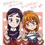  blush_stickers bow bow_panties brown_eyes eighth_note futari_wa_precure h26r hair_ornament hairclip heart heart_hair_ornament holding holding_panties long_sleeves misumi_nagisa multiple_girls musical_note orange_hair panties polka_dot polka_dot_panties precure purple_eyes purple_hair school_uniform smile translation_request underwear upper_body yukishiro_honoka 