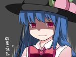  bangs black_background black_hat blue_hair breasts collared_shirt commentary dark directional_arrow empty_eyes flat_chest food fruit hair_between_eyes hammer_(sunset_beach) hat hinanawi_tenshi long_hair looking_at_viewer looking_down motion_lines neck_ribbon peach red_eyes red_ribbon ribbon shaded_face shirt shun_goku_satsu smile solo touhou translated upper_body wavy_mouth white_shirt 