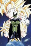  90s android cell_(dragon_ball) dragon_ball dragonball_z evil father_and_son looking_at_viewer male_focus multiple_boys muscle official_art scan serious smile son_gohan son_gokuu space spiked_hair super_saiyan trunks_(dragon_ball) vegeta 