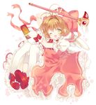  arm_up bad_id bad_pixiv_id bow brown_hair card cardcaptor_sakura dress eyebrows eyebrows_visible_through_hair gloves green_eyes highres holding kinomoto_sakura liechi looking_at_viewer one_eye_closed open_mouth pink_dress red_bow short_hair simple_background solo thighhighs white_background white_gloves white_legwear 