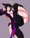  abs alternate_costume barefoot breasts breasts_apart cleavage covered_nipples drill_hair evil_grin evil_smile feet grin han_juri looking_at_viewer marimo_(yousei_ranbu) sideboob smile soles solo standing standing_on_one_leg street_fighter street_fighter_iv_(series) toes toned twin_drills underboob 