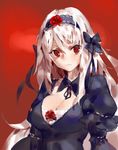  1girl bow breasts cleavage dress flower gothic_lolita hair_bow hair_ribbon hairband highres lolita_fashion lolita_hairband long_hair orokanahime red_background red_eyes ribbon rose rozen_maiden silver_hair solo suigintou 