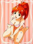  bare_shoulders breasts covered_nipples flower green_eyes halter_top halterneck long_hair mana_(super_real_mahjong) official_art open_mouth orange_hair ponytail sitting solo striped striped_background super_real_mahjong tanaka_ryou underwear underwear_only v_arms vertical-striped_background vertical_stripes wariza 
