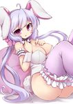  ahoge animal_ears armband ass bare_shoulders blush bow bowtie breasts bunny_ears bunny_girl bunny_tail bunnysuit cleavage commentary_request detached_collar frilled_legwear hair_ornament hair_scrunchie hands_on_own_chest highres large_breasts lavender_hair long_hair looking_at_viewer open_mouth pillow purple_eyes ringed_eyes scrunchie senki_zesshou_symphogear simple_background sitting solo tail tatuyayosi thighhighs tsurime twintails white_background wrist_cuffs yukine_chris 