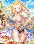  2016 armor artist_name asymmetrical_bikini bangs bikini blonde_hair blue_bikini_bottom blue_eyes blue_ribbon blue_skirt blue_sky breasts choker cleavage cloud cloudy_sky cowboy_shot crown curly_hair dated day earrings eyebrows eyebrows_visible_through_hair eyelashes eyes_visible_through_hair flower frilled_bikini frilled_skirt frills gauntlets hand_up high_collar holding holding_sword holding_weapon jewelry large_breasts long_hair mismatched_bikini necklace original parted_bangs pauldrons pearl_necklace petals ribbon shoulder_pads showgirl_skirt sidelocks signature skirt sky solo stud_earrings swimsuit sword thigh_gap thighhighs veil wanzi_ma weapon white_bikini_top white_legwear 