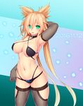  2016 arm_behind_head armpits asamura_hiori bare_shoulders bikini blonde_hair breasts choker cleavage collarbone commentary_request dated elbow_gloves fang gloves green_eyes highres large_breasts long_hair looking_at_viewer navel open_mouth original solo swimsuit thighhighs 