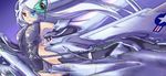 blue_background boots closed_mouth elbow_gloves emblem fingerless_gloves flying gloves highres leotard logo long_hair looking_at_viewer mecha_musume nenchi original purple_eyes republic_aviation roundel silver_hair solo thigh_boots thighhighs xf-103 