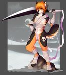  4_toes 5_fingers anthro bandage black_fur black_nose blood blue_eyes chesta detailed_background digitigrade featureless_crotch fur hair holding_object holding_weapon male melee_weapon navel orange_fur orange_hair picture_frame solo sword toes weapon white_fur wrappings 