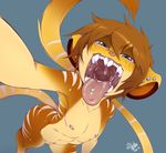  blue_eyes breasts brown_fur cleo cownugget feline female flat_chested freckles fur ginger hair invalid_tag lion mammal marsupial natural_colors nipple_piercing nipples open_mouth piercing red_hair saliva small_breasts stripes tan_fur teeth throat thylacoleo tongue tongue_piercing yellow_fur 
