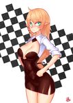  3gs bad_id bad_pixiv_id blonde_hair breasts checkered checkered_background elsword green_eyes highres large_breasts long_hair pointy_ears rena_(elsword) signature solo sweatdrop 