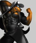 2016 abs anthro baseball_cap biceps canine clothed clothing dog eyewear flexing hat hoodie jewelry kristakeshi male mammal muscular muscular_male necklace open_shirt pants pecs pinup pose rottweiler simple_background solo standing sunglasses teeth 
