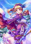  alternate_costume blonde_hair capelet clarine feathers fire_emblem fire_emblem:_fuuin_no_tsurugi fire_emblem_cipher gloves gold_trim hat highres holding holding_staff horse ponytail purple_eyes purple_gloves purple_hat purple_shirt shirt skirt solo staff white_skirt yukimiyuki 