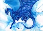  blue_eyes blue_skin claws dragon feral flying horn isvoc membranous_wings open_mouth smile solo teeth traditional_media_(artwork) watercolor_(artwork) wings 