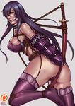  ass bdsm blue_eyes blush bondage bound breasts busujima_saeko cleave_gag cloth_gag gag gagged highschool_of_the_dead improvised_gag kachima katana long_hair monoglove patreon_logo purple_hair rope sheath sheathed solo sword weapon 