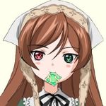  1girl blush brown_hair condom condom_in_mouth female heterochromia rozen_maiden solo suiseiseki upper_body 