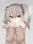  brown_eyes brown_hair doorknoble fur_trim girls_und_panzer hair_ribbon hairband long_hair long_sleeves looking_at_viewer outdoors ribbon shimada_arisu side_ponytail snow snowing solo steam upper_body warming_hands winter_clothes 