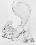  2016 anthro anus breasts bridal_gauntlets butt canine clothing digimon ecmajor female fox hi_res looking_at_viewer looking_back mammal monochrome mostly_nude nipples pussy raised_tail rear_view renamon simple_background sketch solo traditional_media_(artwork) white_background 