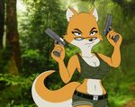  5_fingers anthro belt black_nose breasts candyninjalady canine cleavage clothed clothing detailed_background eyewear female forest fox fur glasses gun half-closed_eyes lt._fox_vixen mammal metalslayer navel orange_fur photo_background ranged_weapon shirt short squirrel_and_hedgehog tree weapon 