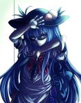  bad_id bad_pixiv_id blue_hair commentary_request dress food fruit hinanawi_tenshi layered_dress long_hair looking_at_viewer maru_daizu_(aqua6233) parody peach pose red_eyes sash solo sunglasses touhou very_long_hair 