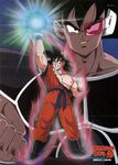  2boys 90s armor aura battle black_hair dragon_ball dragonball_z energy evil genkidama injury looking_at_viewer male_focus multiple_boys muscle official_art scan serious smile son_gokuu spiked_hair turles 