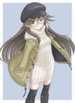  alternate_costume arashio_(kantai_collection) bespectacled black_footwear black_legwear boots brown_eyes brown_hair cabbie_hat casual coat dress glasses green-framed_eyewear hand_in_pocket hat highres jacket kantai_collection knee_boots long_hair looking_at_viewer ribbed_dress semi-rimless_eyewear smile solo striped sweater t2r thighhighs turtleneck turtleneck_sweater under-rim_eyewear vertical_stripes zipper 